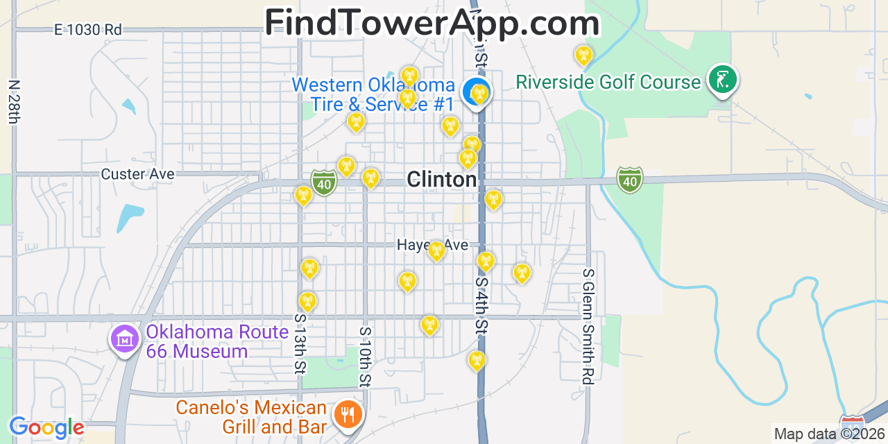 Map showing the 20 primary cell tower locations detected in Clinton, Oklahoma from AT&T, Verizon, and T-Mobile networks