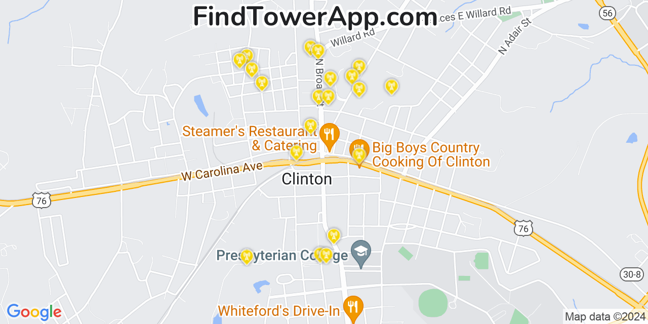 AT&T 4G/5G cell tower coverage map Clinton, South Carolina