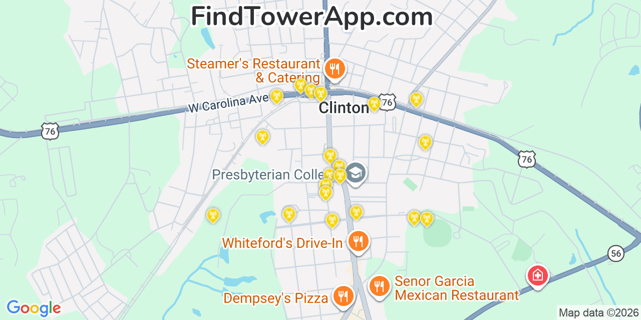 Map showing the 20 primary cell tower locations detected in Clinton, South Carolina from AT&T, Verizon, and T-Mobile networks