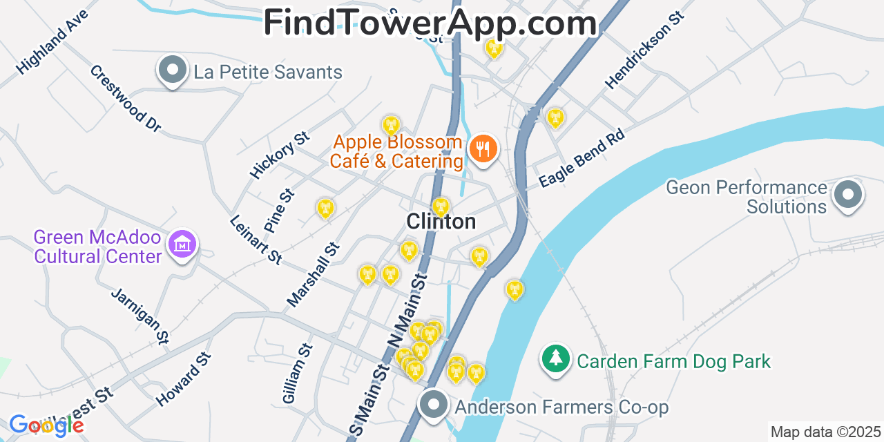 Map showing the 20 primary cell tower locations detected in Clinton, Tennessee from AT&T, Verizon, and T-Mobile networks