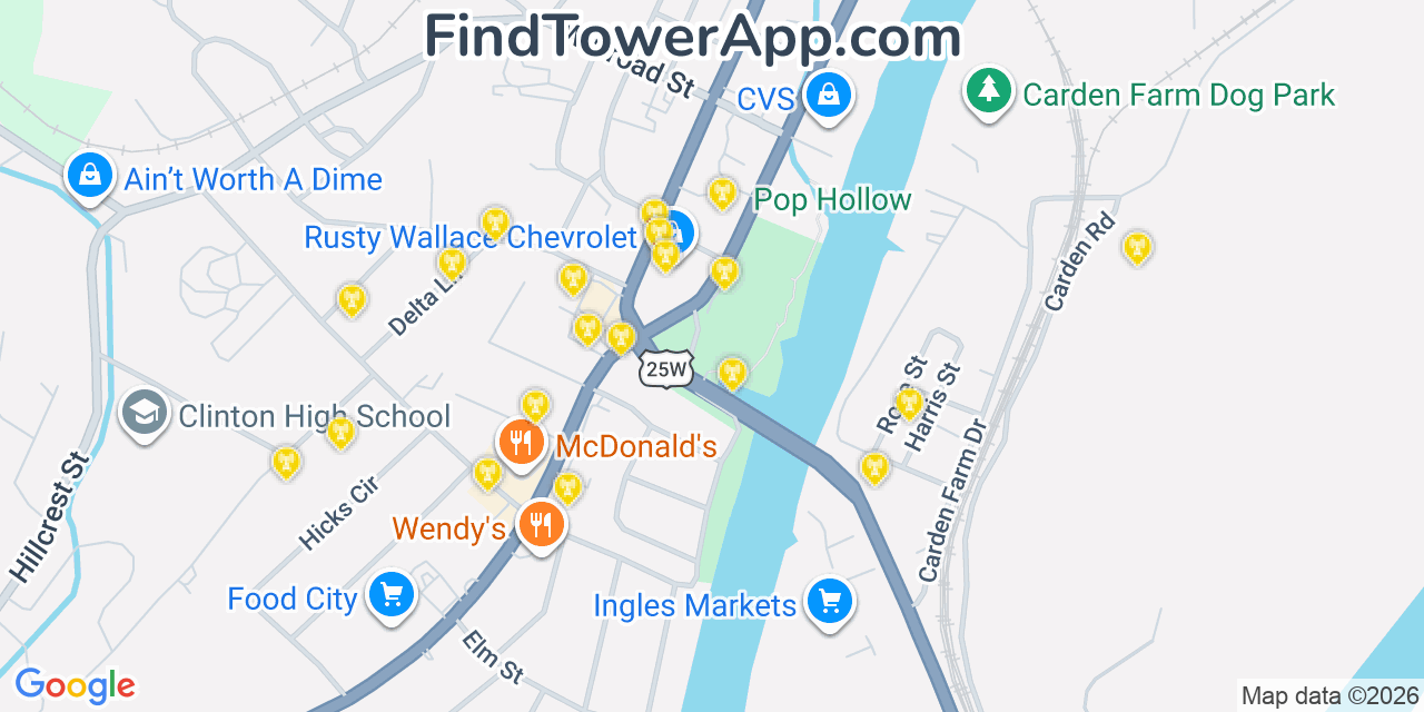 Map showing the 20 primary cell tower locations detected in Clinton, Tennessee from AT&T, Verizon, and T-Mobile networks
