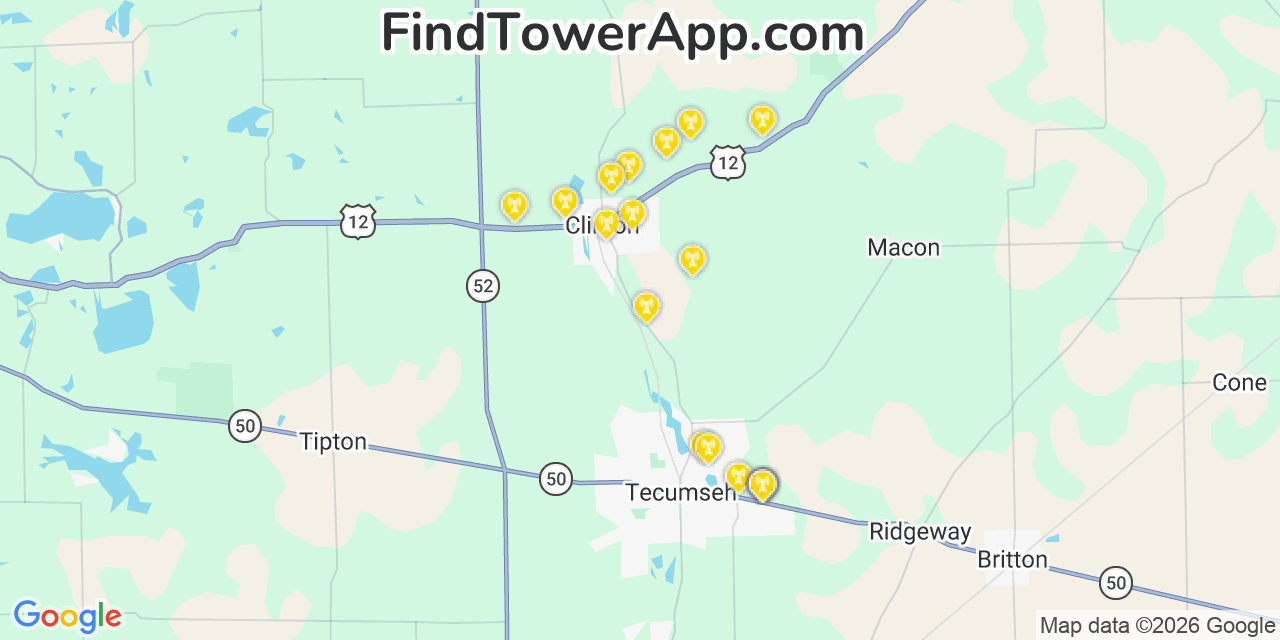 Map showing the 20 primary cell tower locations detected in Clinton Township, Michigan from AT&T, Verizon, and T-Mobile networks