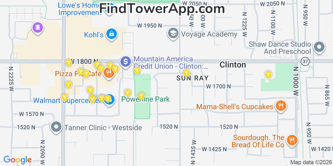 Map showing the 20 primary cell tower locations detected in Clinton, Utah from AT&T, Verizon, and T-Mobile networks