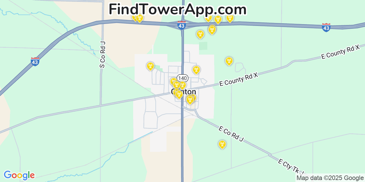 Map showing the 20 primary cell tower locations detected in Clinton, Wisconsin from AT&T, Verizon, and T-Mobile networks