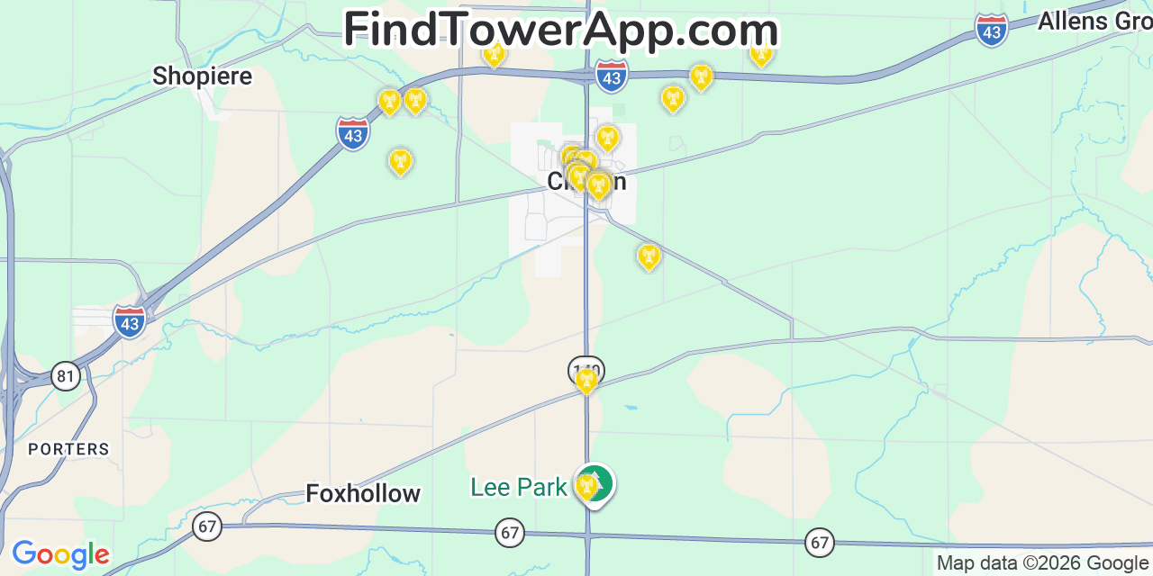 Map showing the 20 primary cell tower locations detected in Clinton, Wisconsin from AT&T, Verizon, and T-Mobile networks