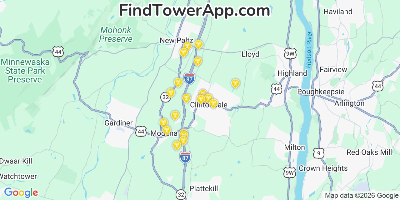 Map showing the 20 primary cell tower locations detected in Clintondale, New York from AT&T, Verizon, and T-Mobile networks