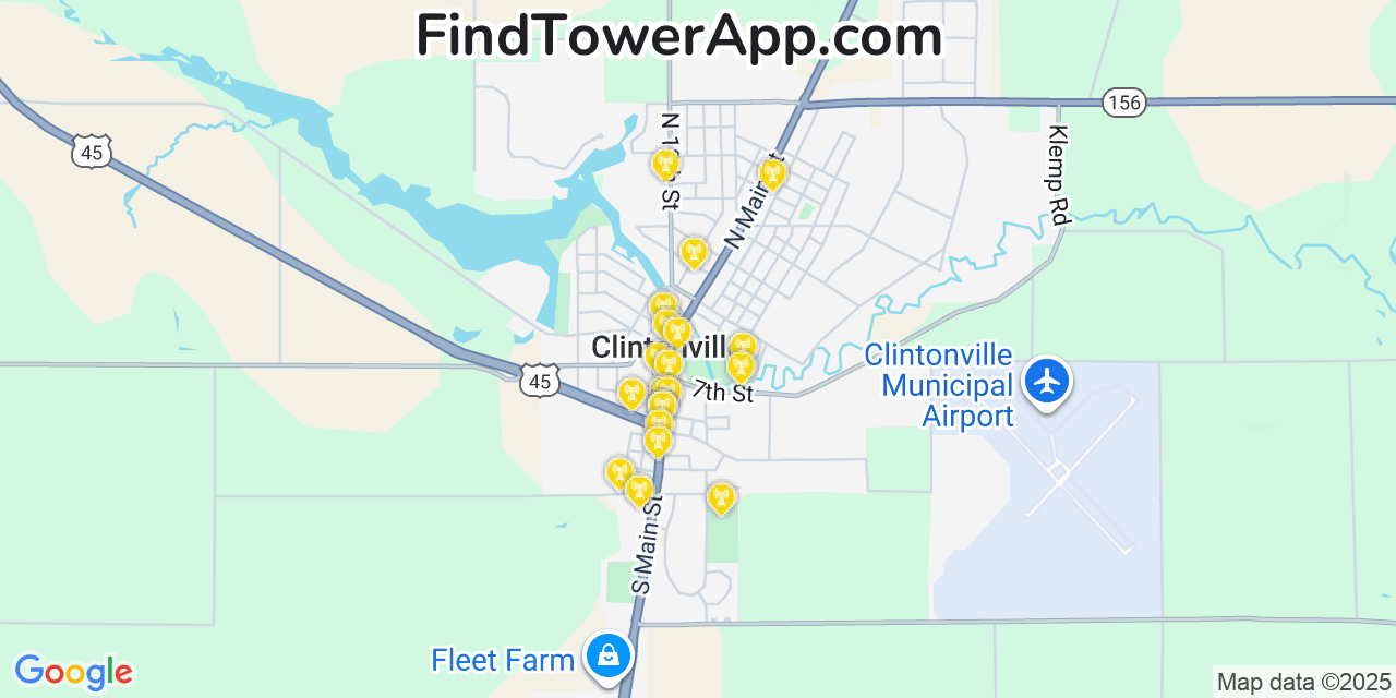 Map showing the 20 primary cell tower locations detected in Clintonville, Wisconsin from AT&T, Verizon, and T-Mobile networks