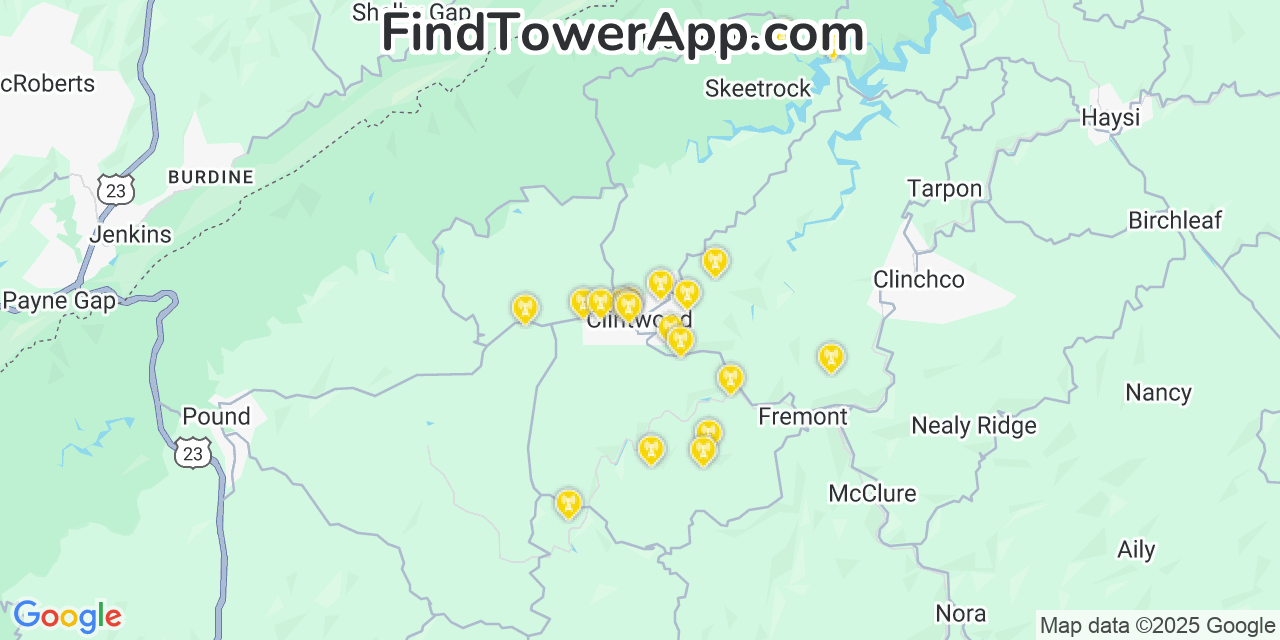 Map showing the 20 primary cell tower locations detected in Clintwood, Virginia from AT&T, Verizon, and T-Mobile networks