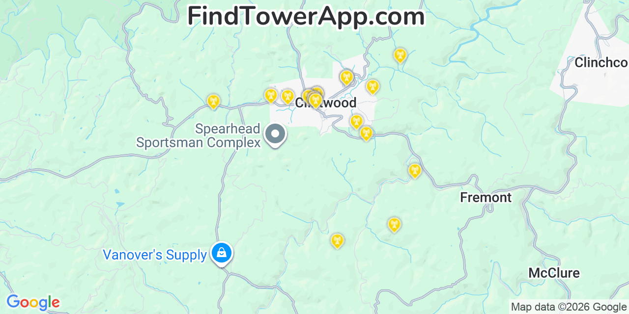 Map showing the 20 primary cell tower locations detected in Clintwood, Virginia from AT&T, Verizon, and T-Mobile networks