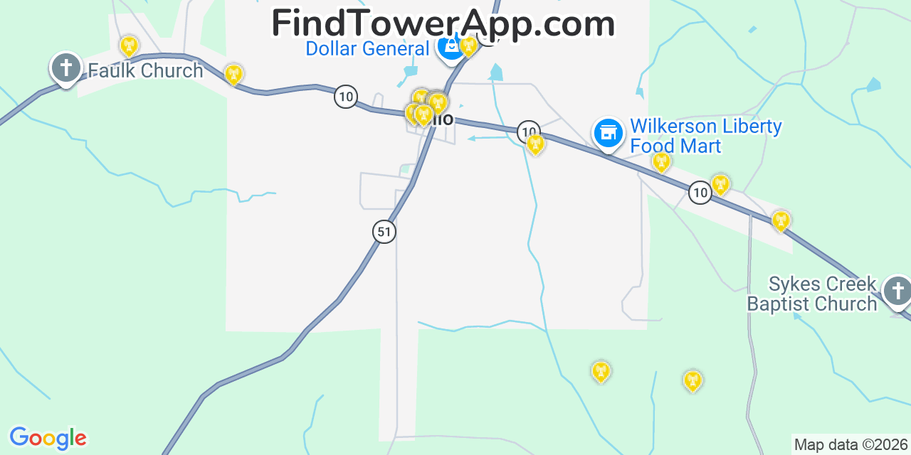 Map showing the 20 primary cell tower locations detected in Clio, Alabama from AT&T, Verizon, and T-Mobile networks