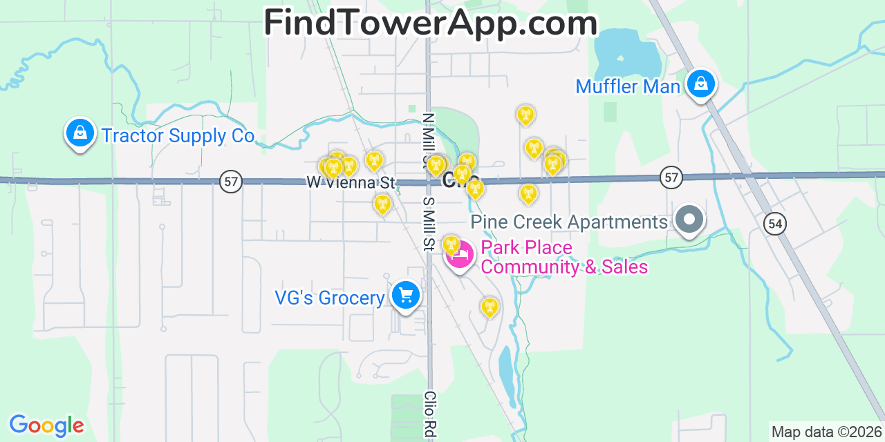 Map showing the 20 primary cell tower locations detected in Clio, Michigan from AT&T, Verizon, and T-Mobile networks