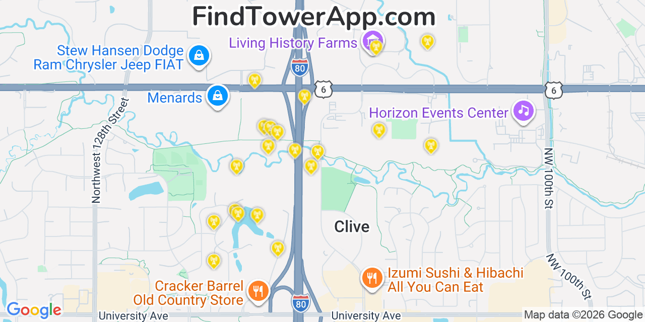 Map showing the 20 primary cell tower locations detected in Clive, Iowa from AT&T, Verizon, and T-Mobile networks