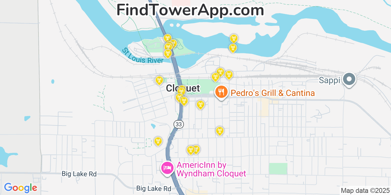 Map showing the 20 primary cell tower locations detected in Cloquet, Minnesota from AT&T, Verizon, and T-Mobile networks