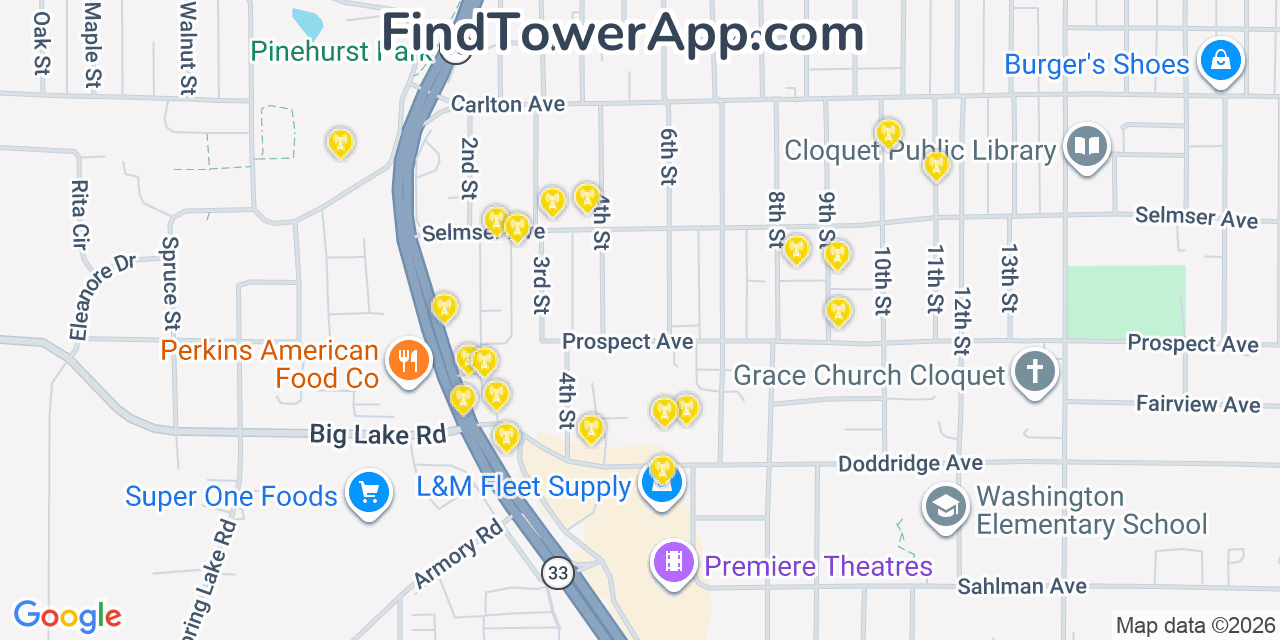 Map showing the 20 primary cell tower locations detected in Cloquet, Minnesota from AT&T, Verizon, and T-Mobile networks