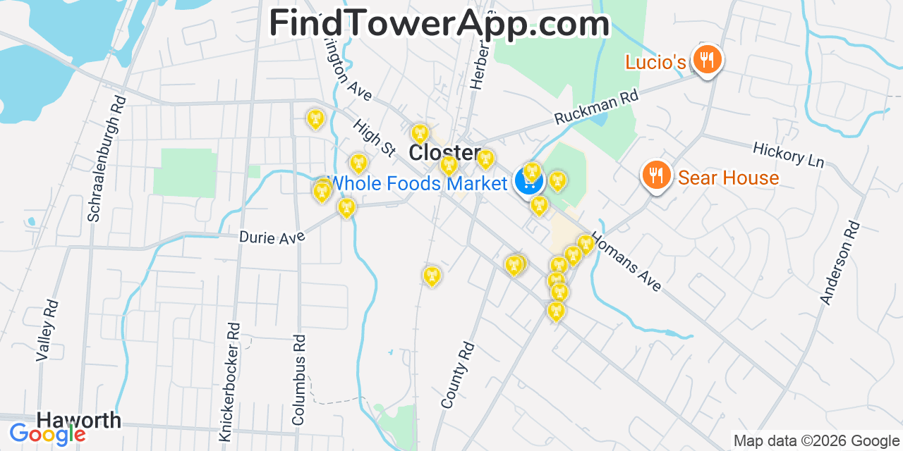 Map showing the 20 primary cell tower locations detected in Closter, New Jersey from AT&T, Verizon, and T-Mobile networks