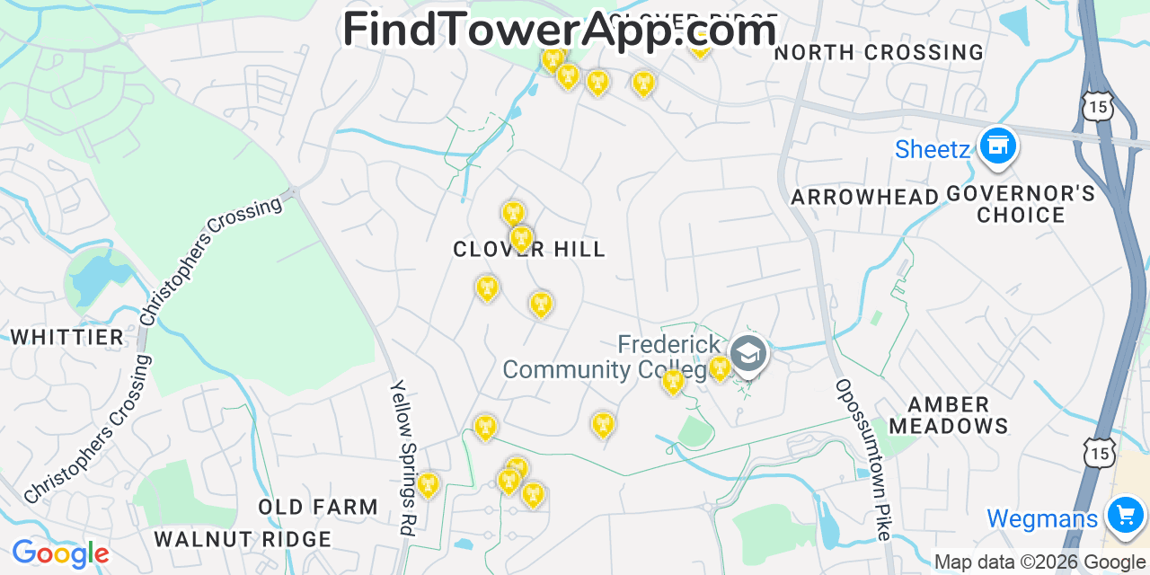 Map showing the 20 primary cell tower locations detected in Clover Hill, Maryland from AT&T, Verizon, and T-Mobile networks