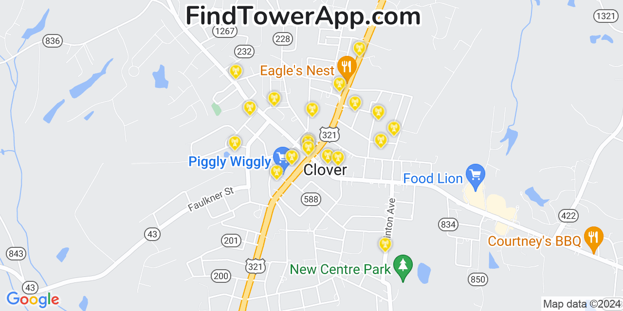 AT&T 4G/5G cell tower coverage map Clover, South Carolina