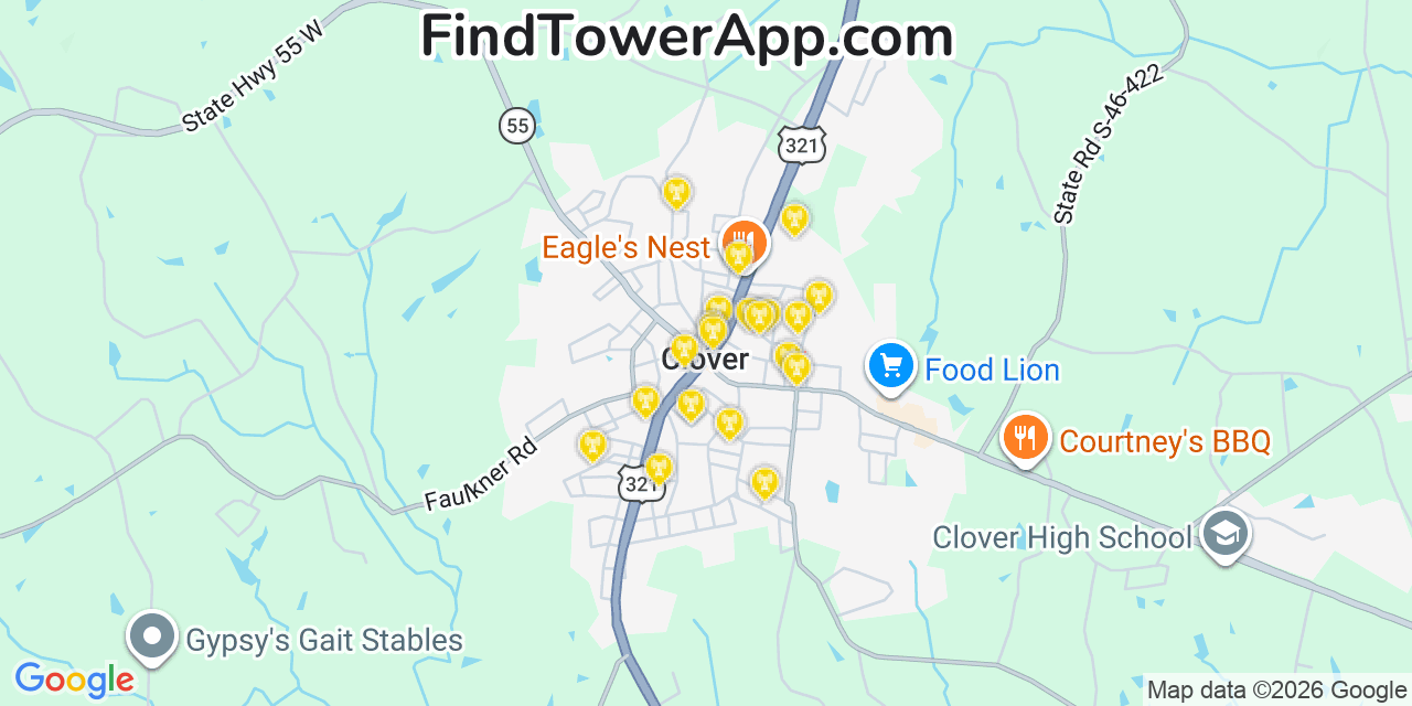 Map showing the 20 primary cell tower locations detected in Clover, South Carolina from AT&T, Verizon, and T-Mobile networks