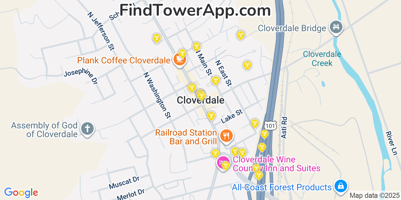 Map showing the 20 primary cell tower locations detected in Cloverdale, California from AT&T, Verizon, and T-Mobile networks