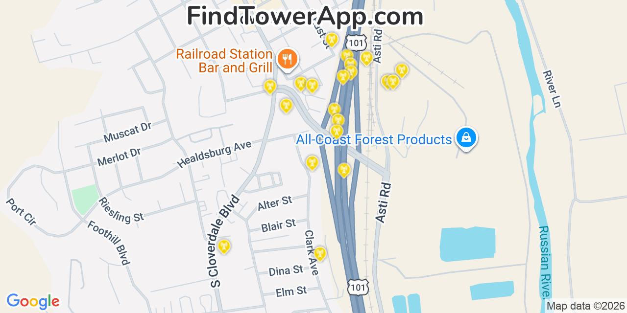 Map showing the 20 primary cell tower locations detected in Cloverdale, California from AT&T, Verizon, and T-Mobile networks