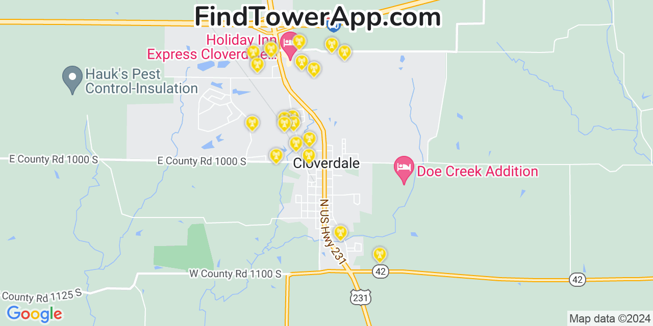 AT&T 4G/5G cell tower coverage map Cloverdale, Indiana