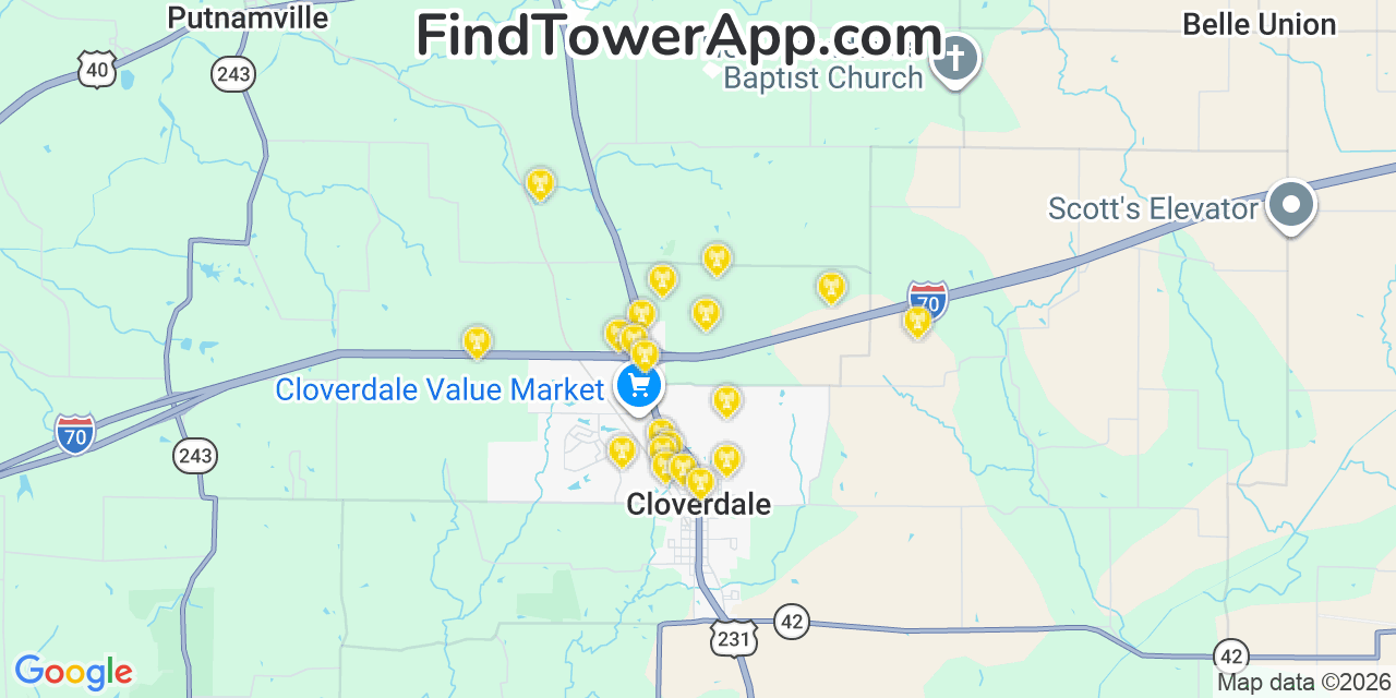 Map showing the 20 primary cell tower locations detected in Cloverdale, Indiana from AT&T, Verizon, and T-Mobile networks