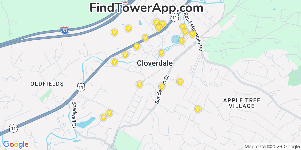 Map showing the 20 primary cell tower locations detected in Cloverdale, Virginia from AT&T, Verizon, and T-Mobile networks