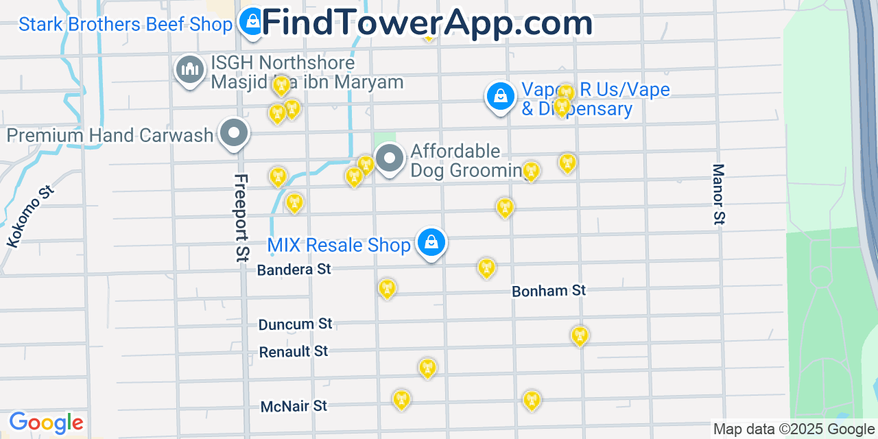Map showing the 20 primary cell tower locations detected in Cloverleaf, Texas from AT&T, Verizon, and T-Mobile networks