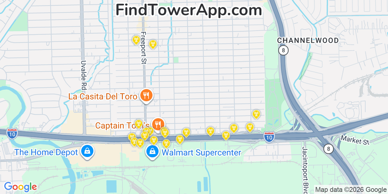 Map showing the 20 primary cell tower locations detected in Cloverleaf, Texas from AT&T, Verizon, and T-Mobile networks