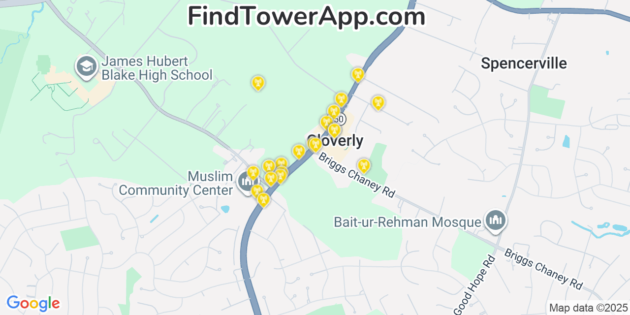 Map showing the 20 primary cell tower locations detected in Cloverly, Maryland from AT&T, Verizon, and T-Mobile networks
