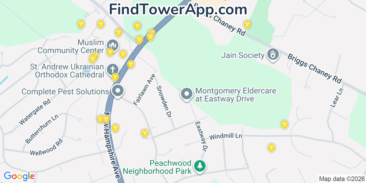 Map showing the 20 primary cell tower locations detected in Cloverly, Maryland from AT&T, Verizon, and T-Mobile networks