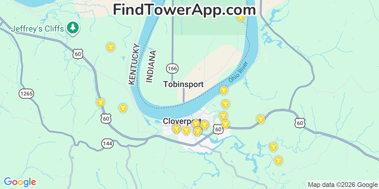 Map showing the 20 primary cell tower locations detected in Cloverport, Kentucky from AT&T, Verizon, and T-Mobile networks