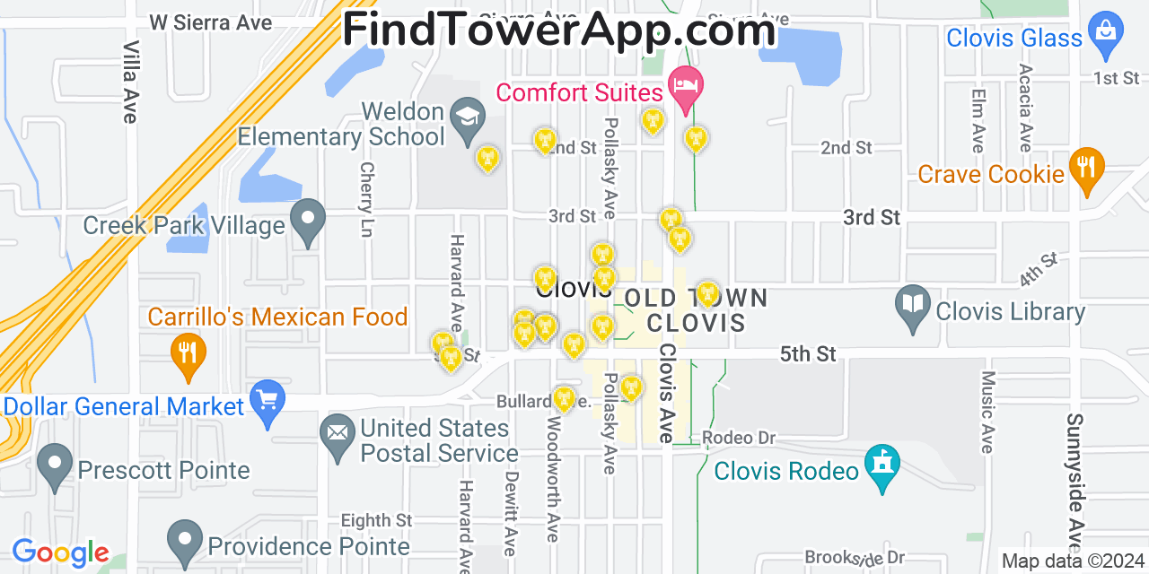 AT&T 4G/5G cell tower coverage map Clovis, California