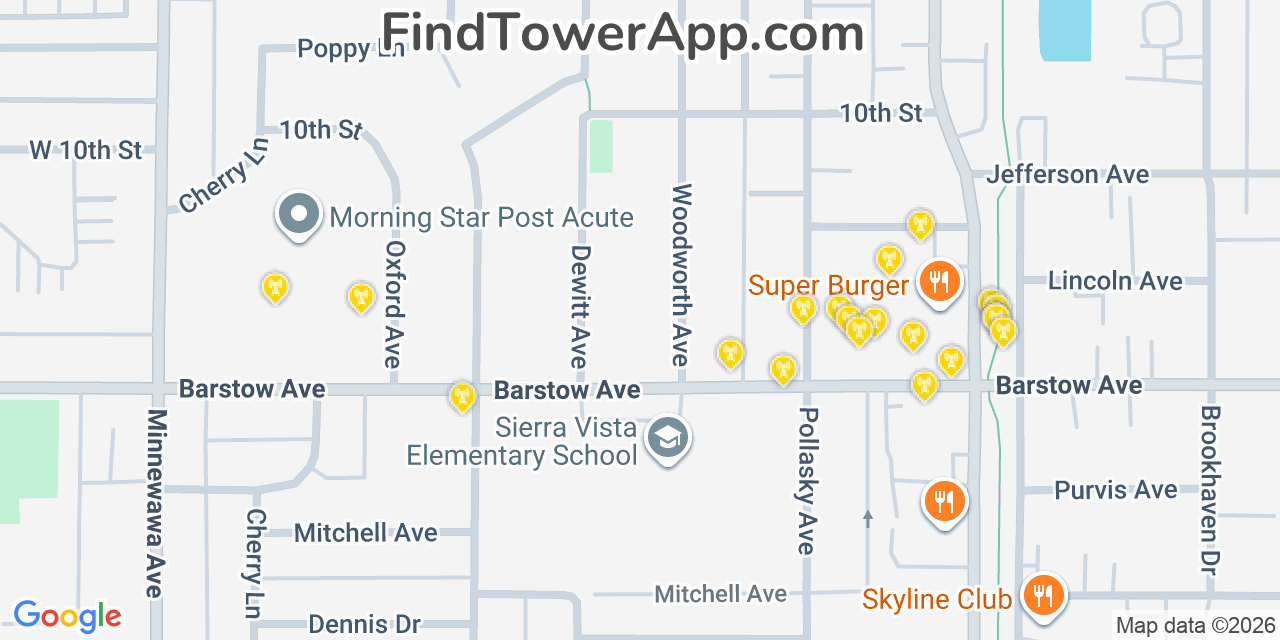Map showing the 20 primary cell tower locations detected in Clovis, California from AT&T, Verizon, and T-Mobile networks