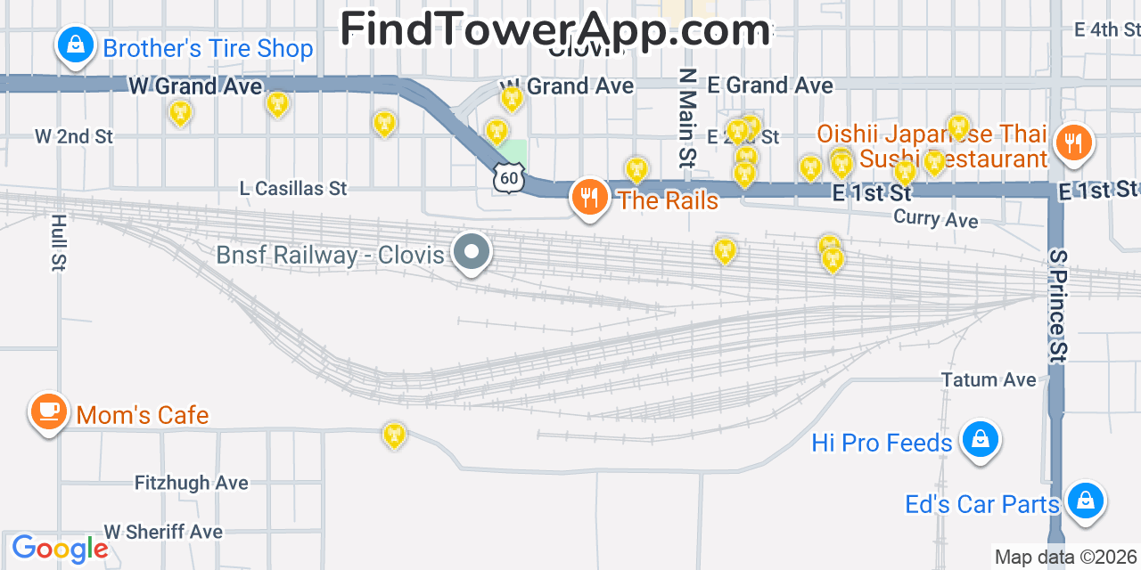 Map showing the 20 primary cell tower locations detected in Clovis, New Mexico from AT&T, Verizon, and T-Mobile networks