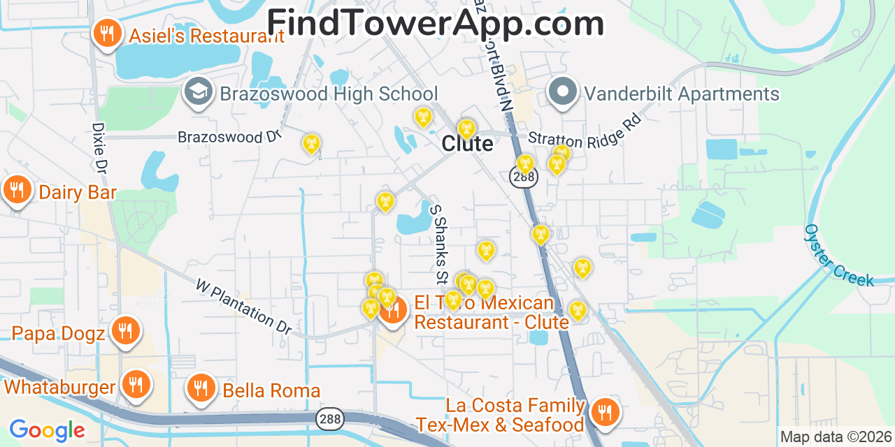 Map showing the 20 primary cell tower locations detected in Clute, Texas from AT&T, Verizon, and T-Mobile networks