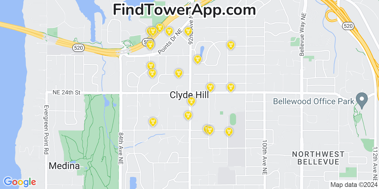 AT&T 4G/5G cell tower coverage map Clyde Hill, Washington