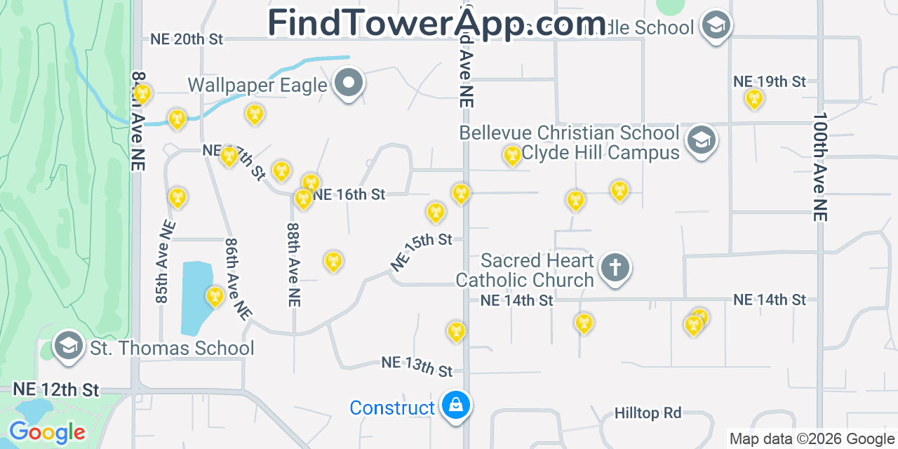 Map showing the 20 primary cell tower locations detected in Clyde Hill, Washington from AT&T, Verizon, and T-Mobile networks