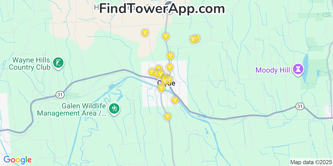 Map showing the 20 primary cell tower locations detected in Clyde, New York from AT&T, Verizon, and T-Mobile networks