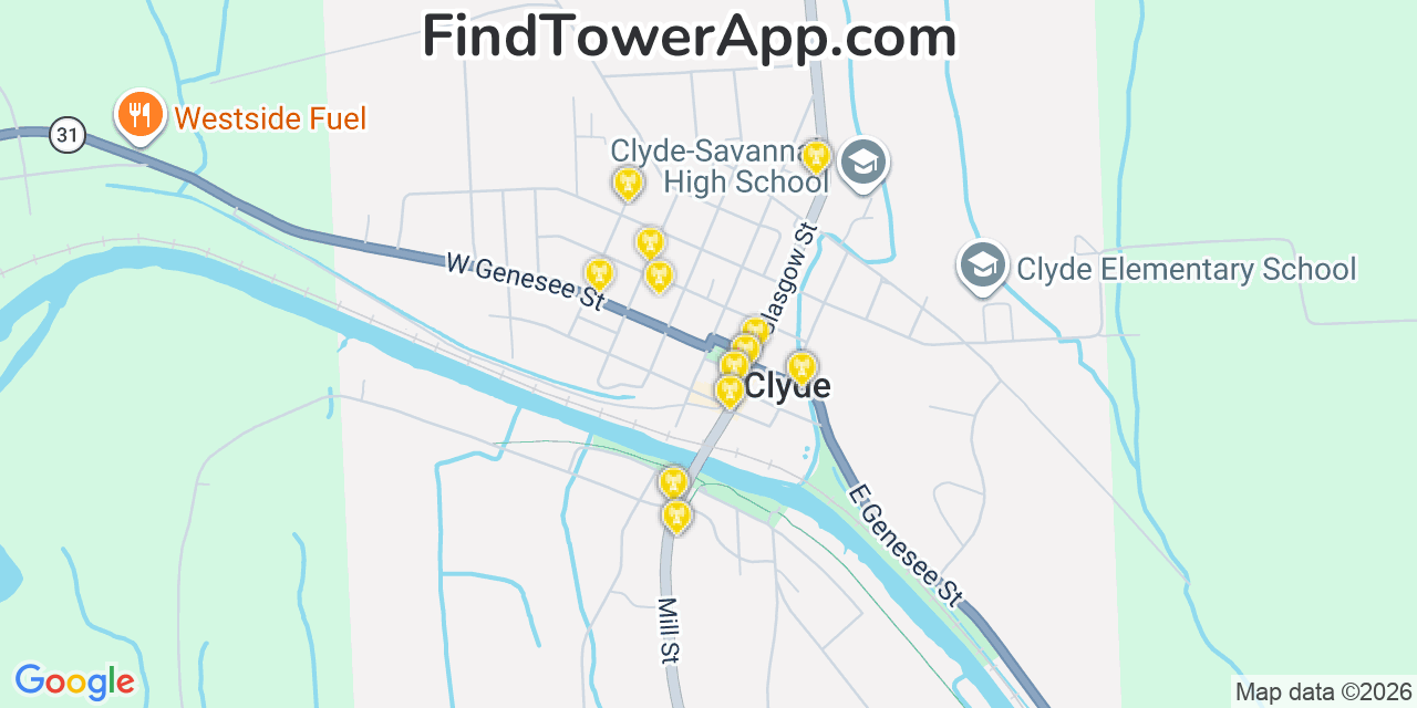 Map showing the 20 primary cell tower locations detected in Clyde, New York from AT&T, Verizon, and T-Mobile networks