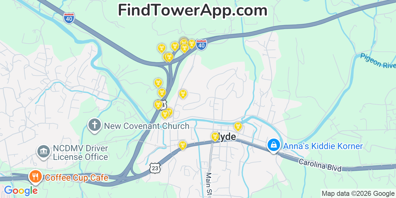 Map showing the 20 primary cell tower locations detected in Clyde, North Carolina from AT&T, Verizon, and T-Mobile networks