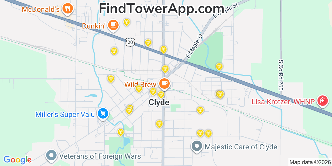 Map showing the 20 primary cell tower locations detected in Clyde, Ohio from AT&T, Verizon, and T-Mobile networks