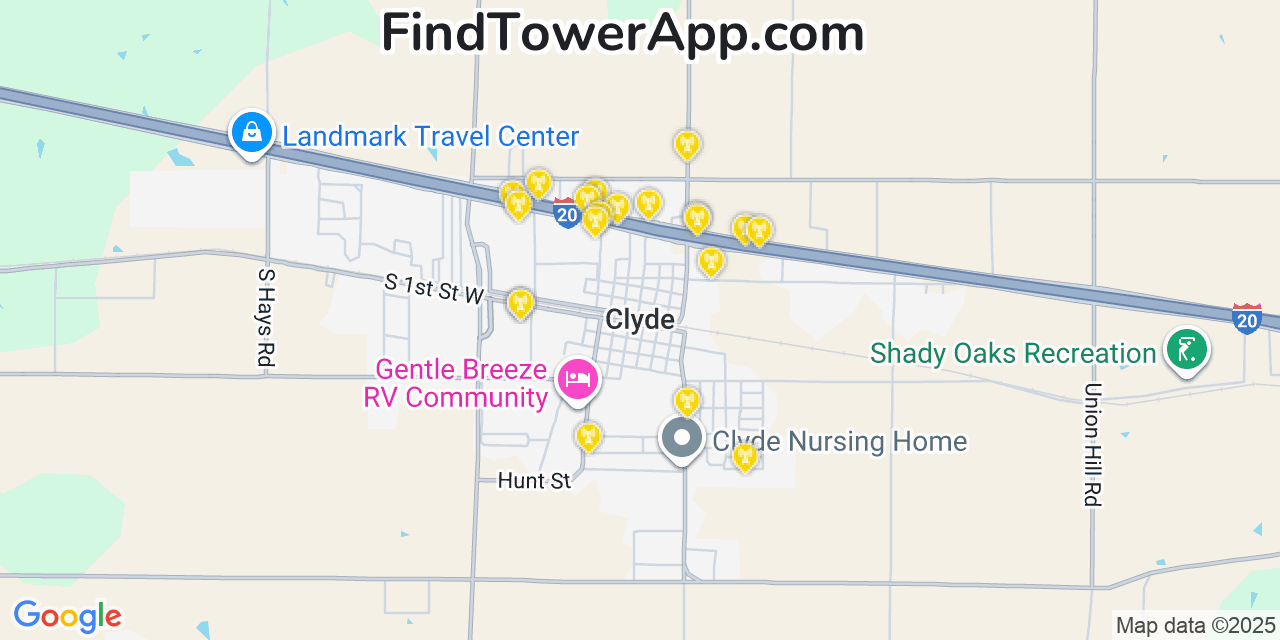 Map showing the 20 primary cell tower locations detected in Clyde, Texas from AT&T, Verizon, and T-Mobile networks