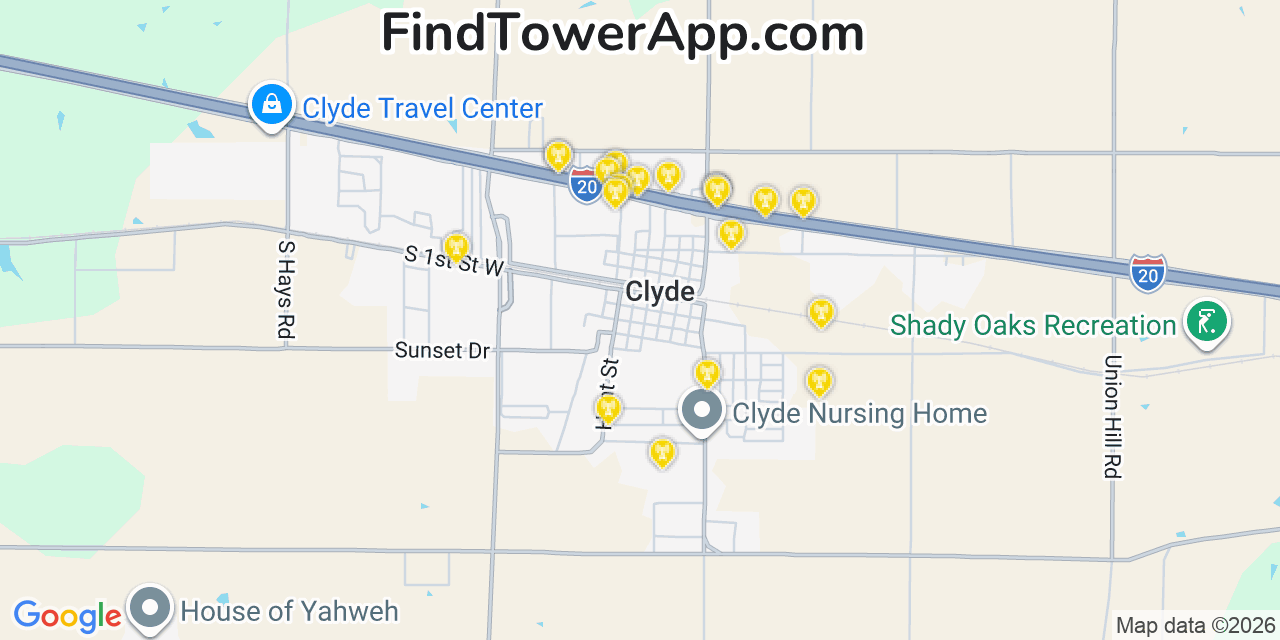 Map showing the 20 primary cell tower locations detected in Clyde, Texas from AT&T, Verizon, and T-Mobile networks