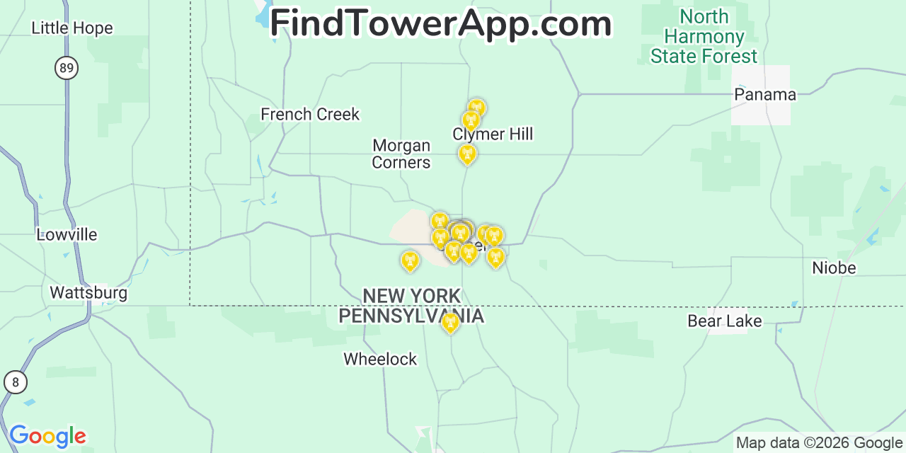 Map showing the 20 primary cell tower locations detected in Clymer, New York from AT&T, Verizon, and T-Mobile networks
