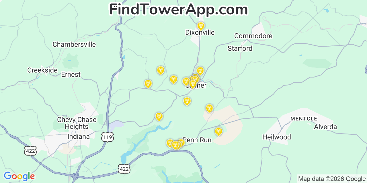 Map showing the 20 primary cell tower locations detected in Clymer, Pennsylvania from AT&T, Verizon, and T-Mobile networks