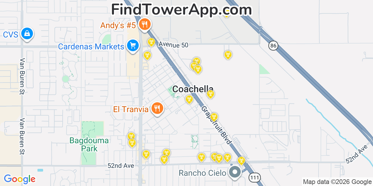Map showing the 20 primary cell tower locations detected in Coachella, California from AT&T, Verizon, and T-Mobile networks