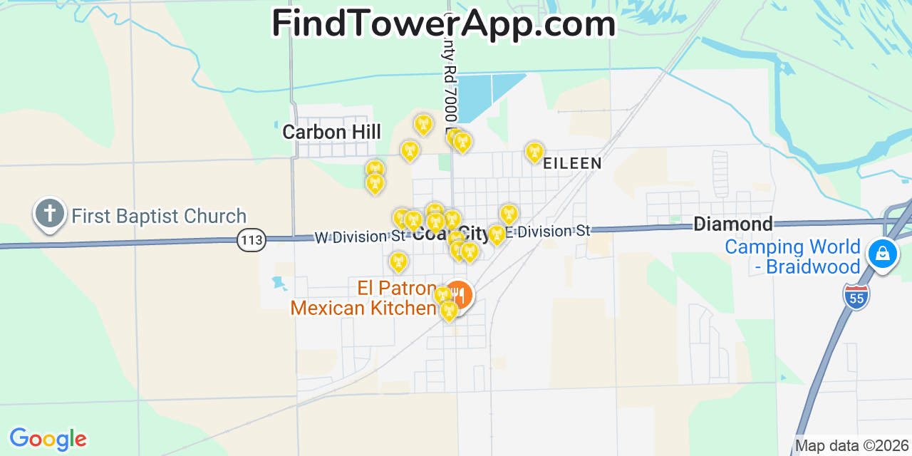 Map showing the 20 primary cell tower locations detected in Coal City, Illinois from AT&T, Verizon, and T-Mobile networks