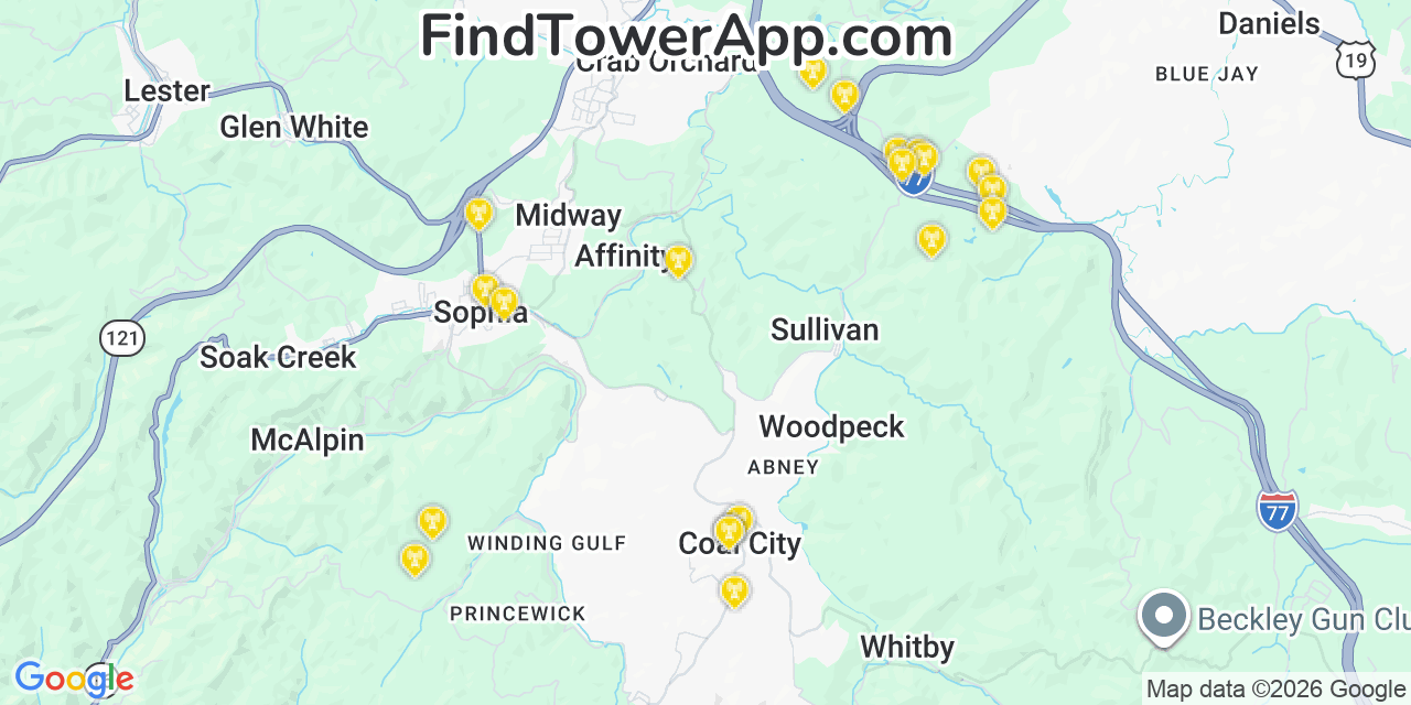 Map showing the 20 primary cell tower locations detected in Coal City, West Virginia from AT&T, Verizon, and T-Mobile networks