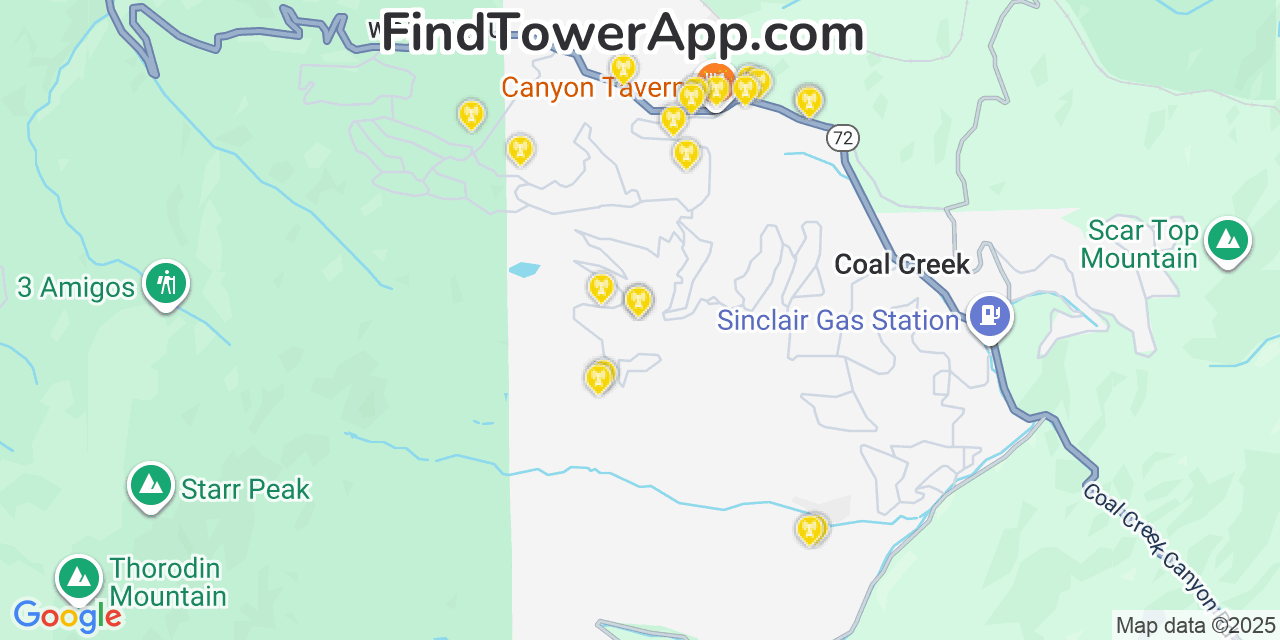 Map showing the 20 primary cell tower locations detected in Coal Creek, Colorado from AT&T, Verizon, and T-Mobile networks